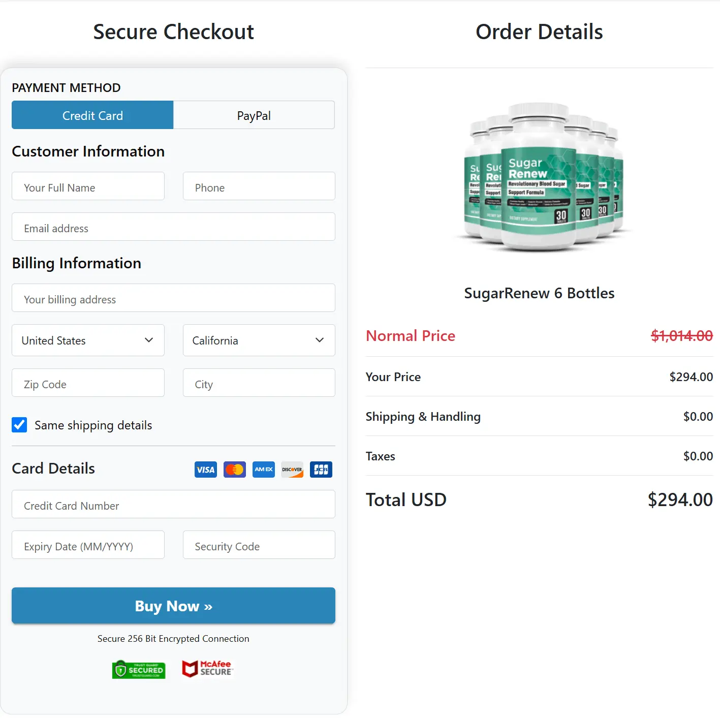 Sugar Renew order page